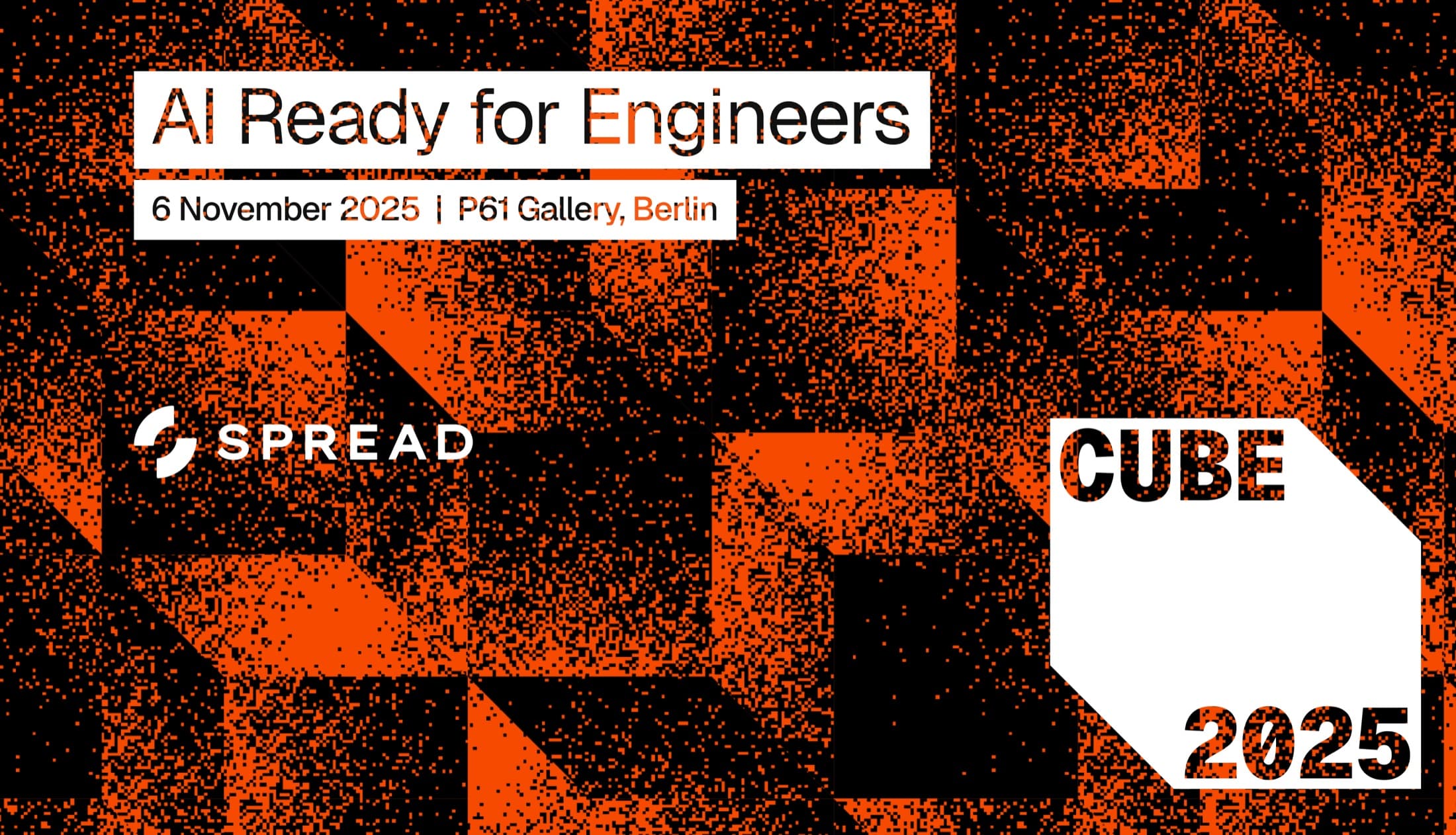 CUBE 2025 identity with orange pixel pattern and conference information