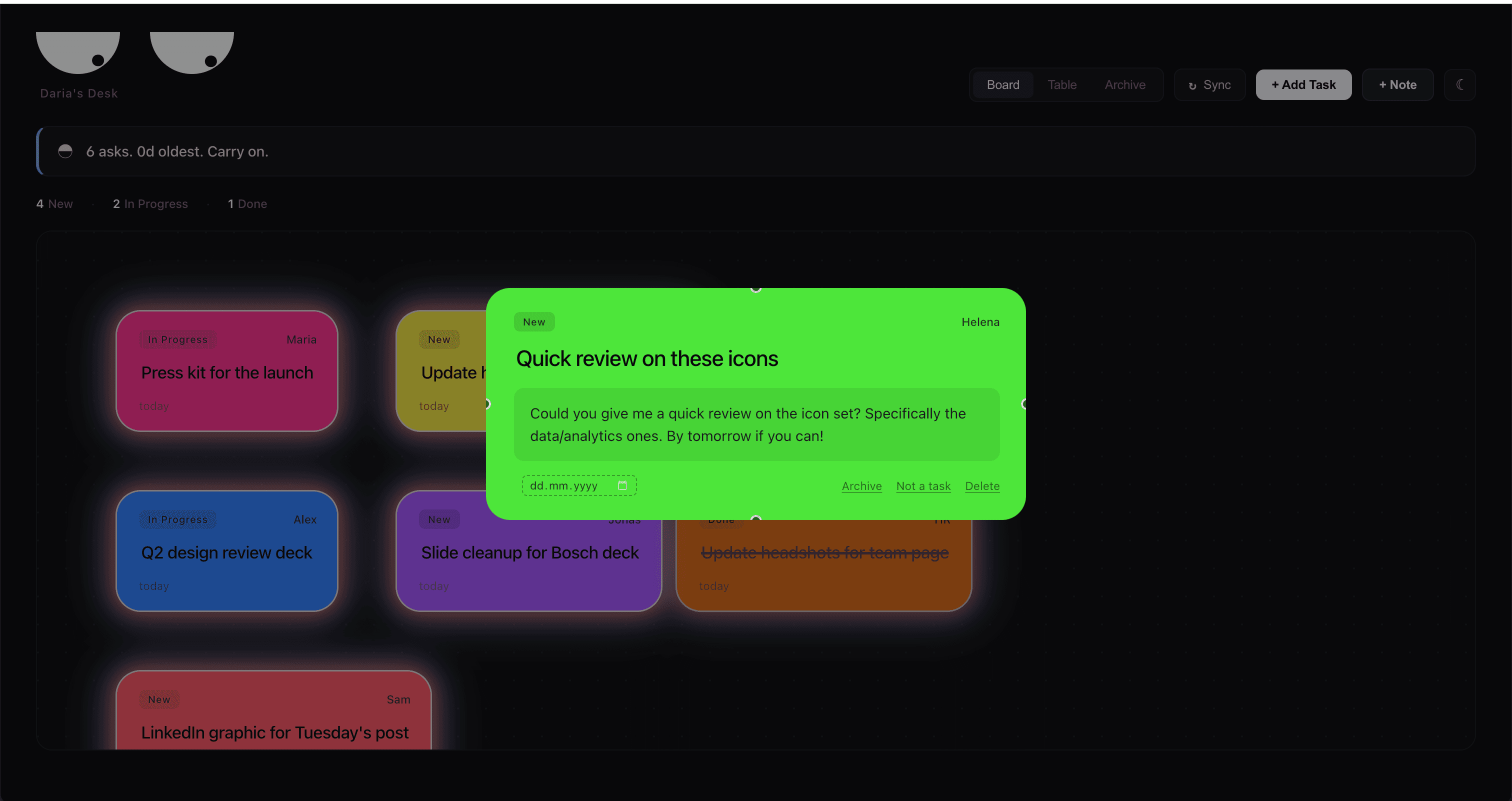 Expanded Daria's Desk task card with the Not a task action