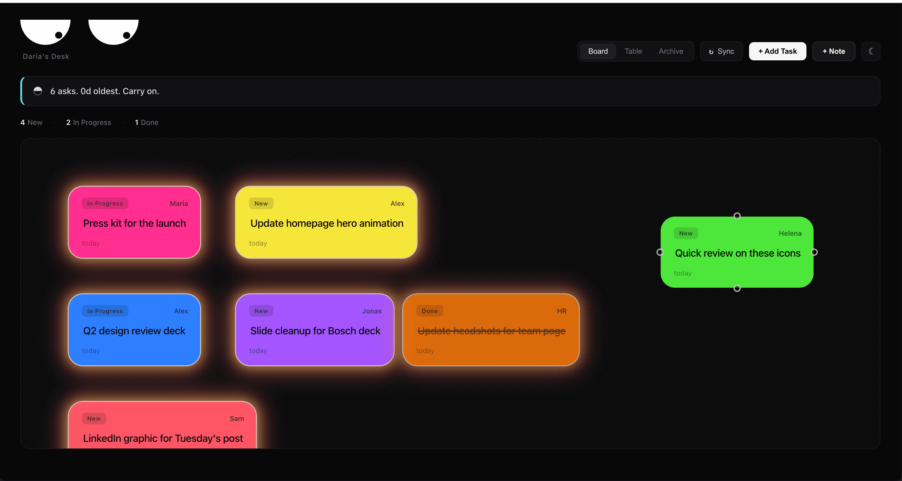 Daria's Desk board with newly synced tasks glowing